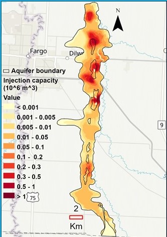 An outline of the Buffalo buried aquifer in the Moorhead area, with color codes indicating injection capacity.
