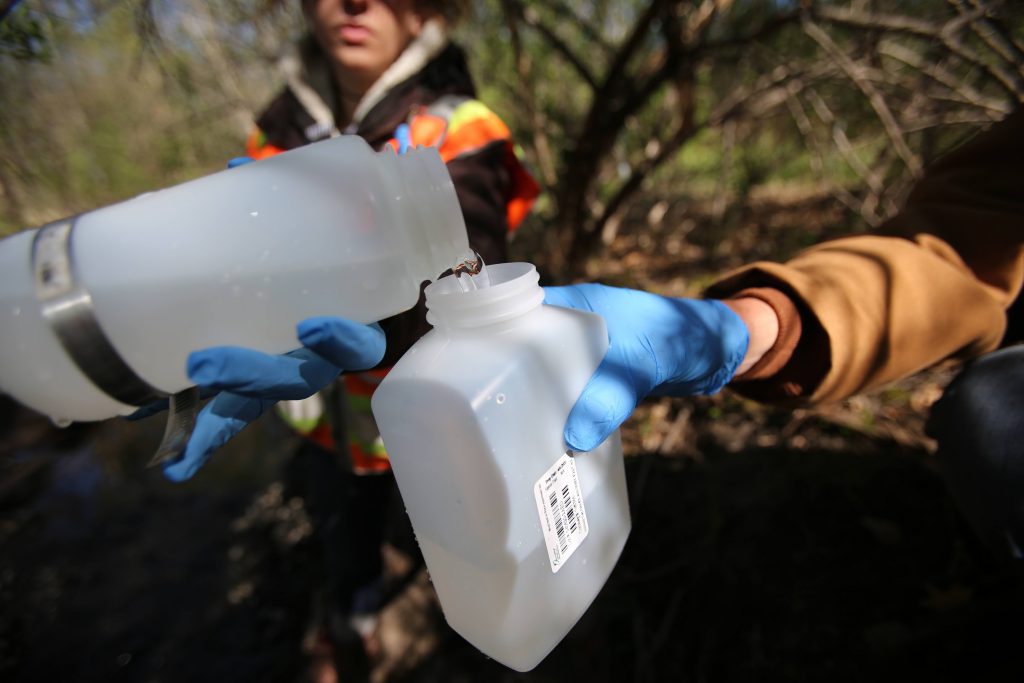 Photograph of a sampler pouring water from one sample bottle into another. The sampler's hands are covered with blue-colored gloves.