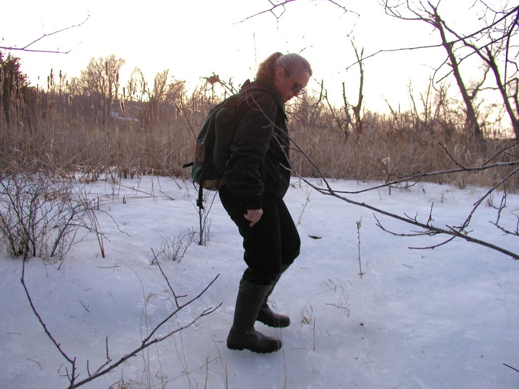 Photograph of Jennie Leete. Jennie is wearing boots and a black jacket and pants, and she is standing on a snow-covered calcareous fen.